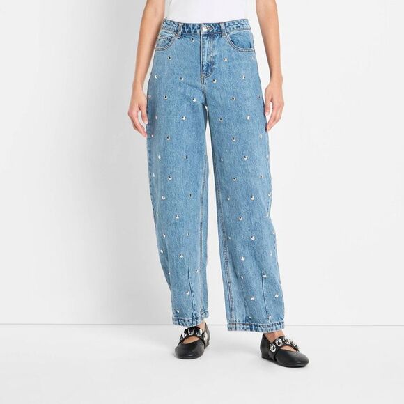 Future Collective Pants - Open Box - Future Collective - Women's Mid-Rise Studded Barrel Leg Jea Blue